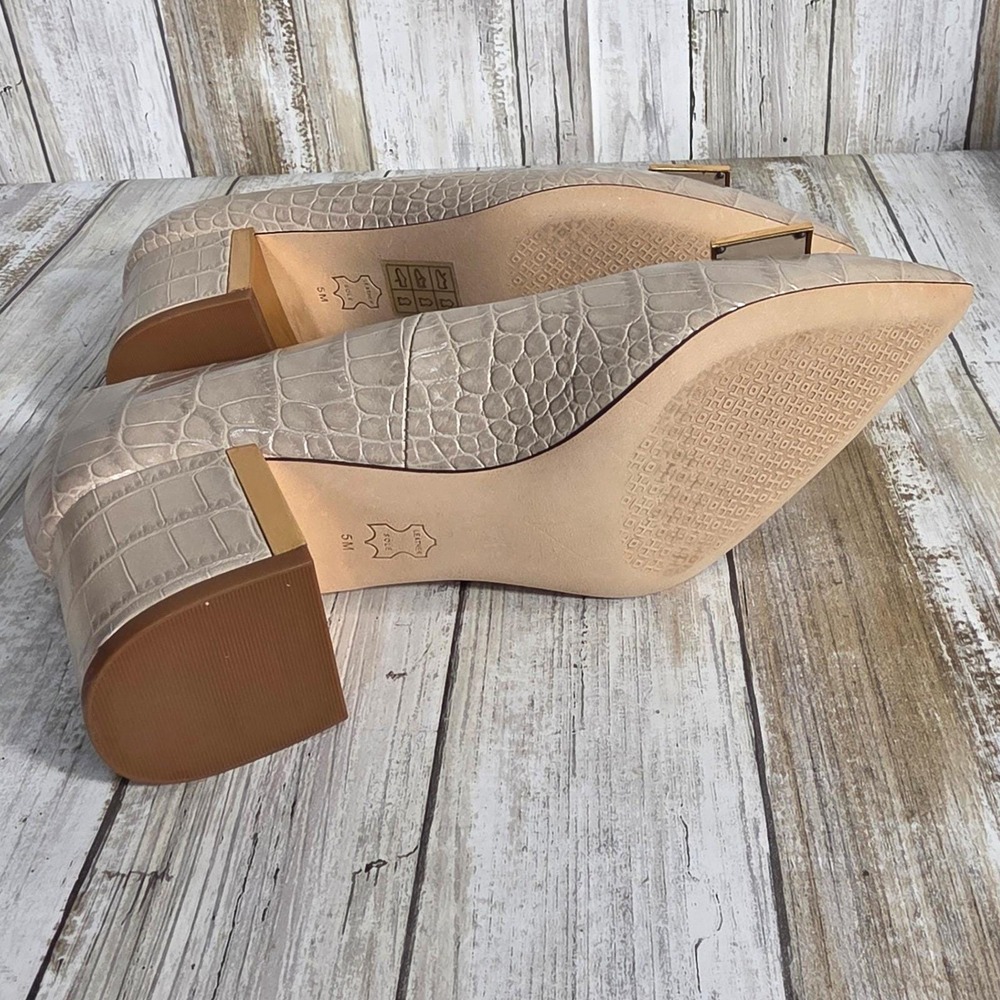 Tory Burch Eleanor Beige Croc Embossed Leather Pointed Toe Block Heel Pumps 5M - Picture 7 of 15
